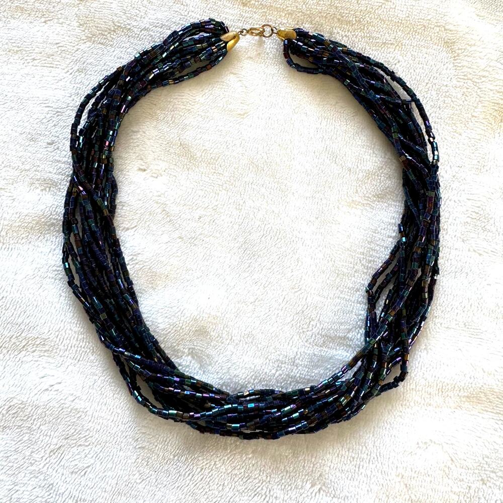 Multi Strand Blue Beaded 17 Inch Choker Necklace